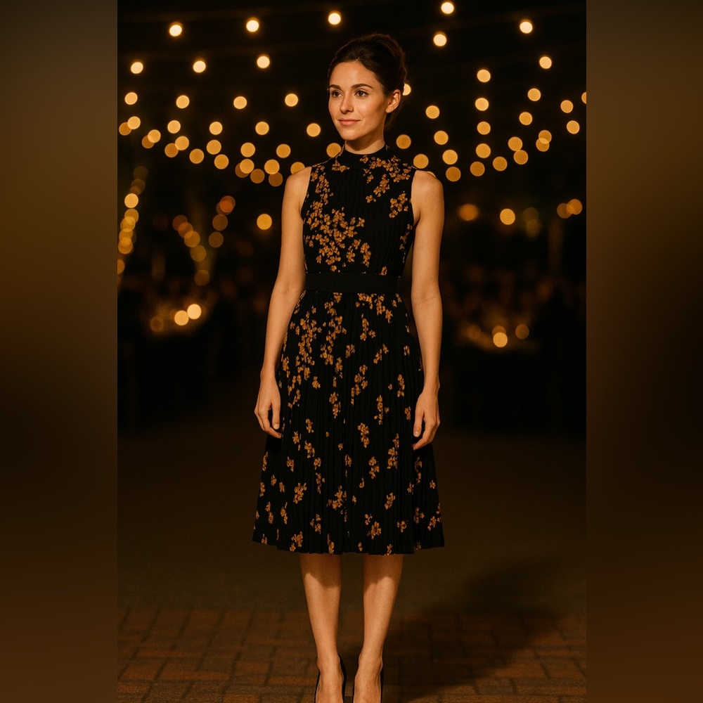 Nanette Lepore Black Floral Pleated Midi Dress – Sleeveless, Size 6